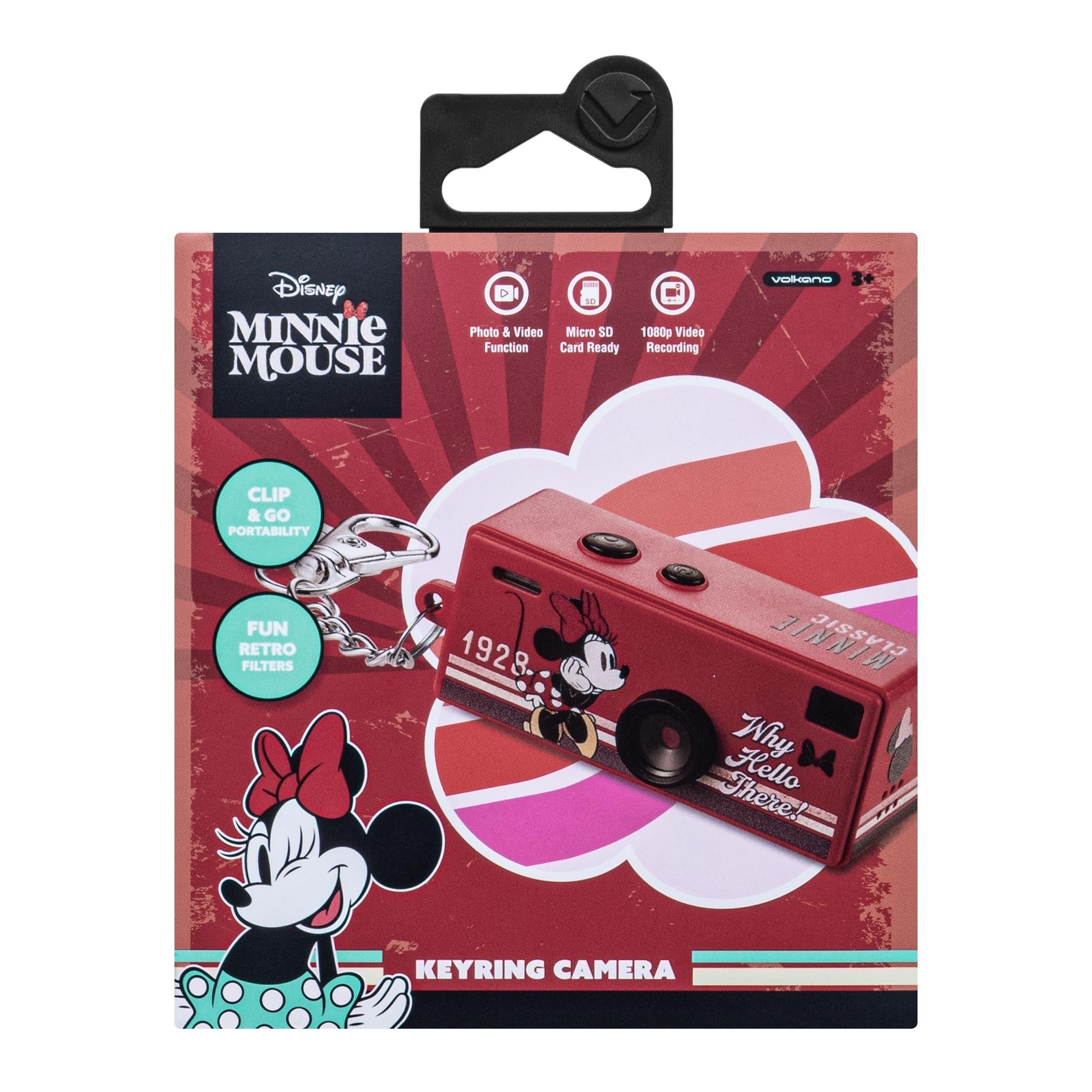 Minnie Mouse keyring camera retail box with red device photo and feature icons