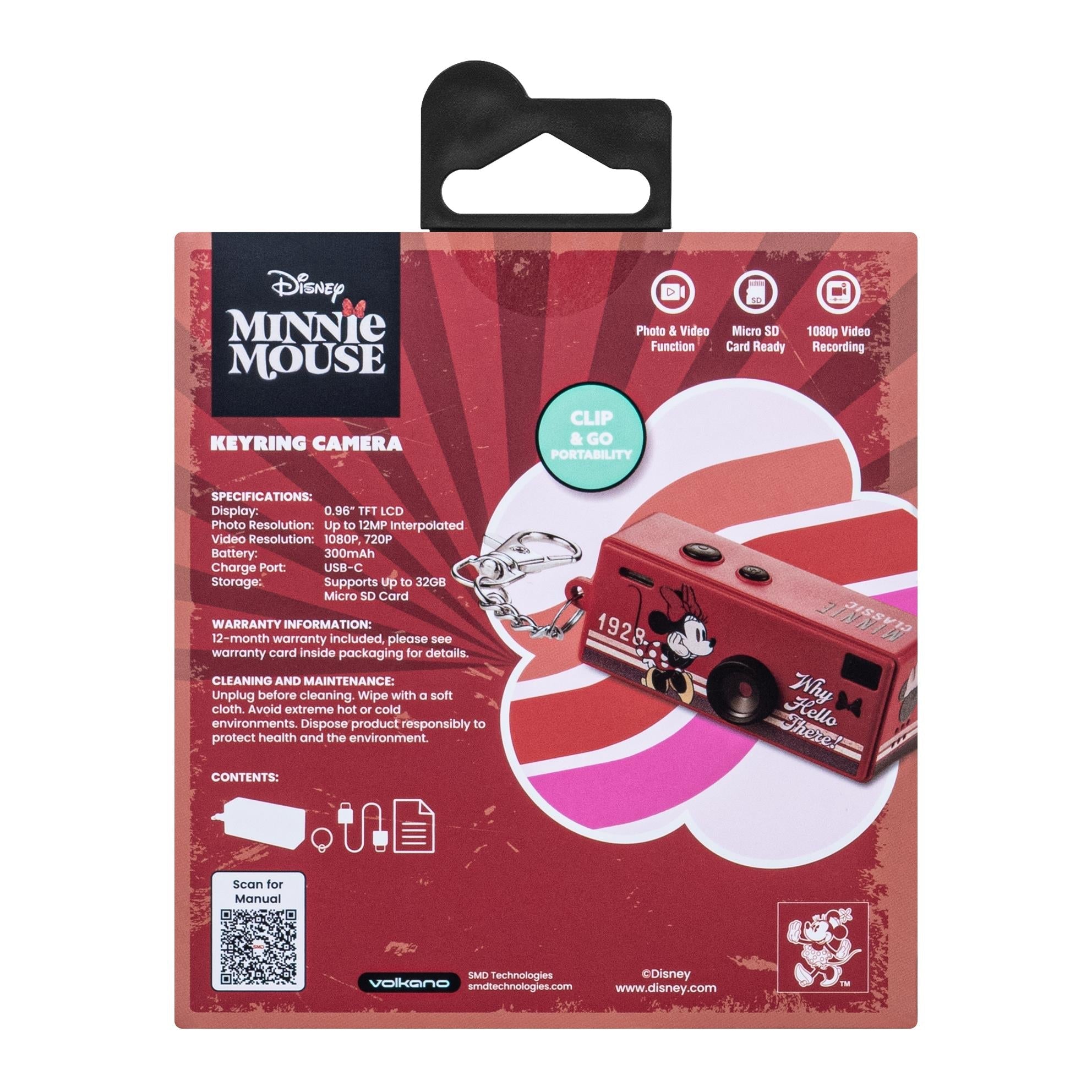 Minnie Mouse keyring camera retail box back with keyring camera specs and icons