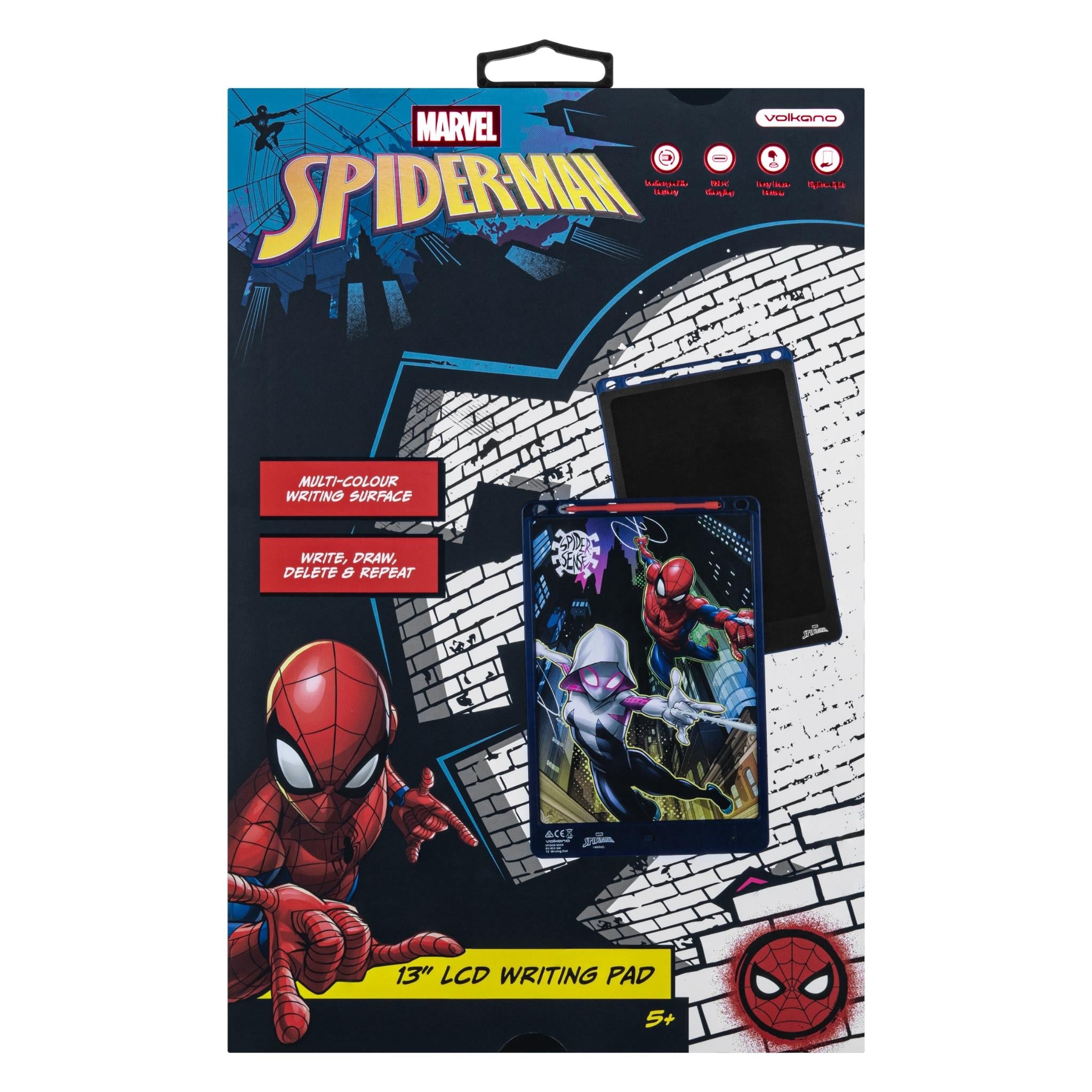 Volkano Spider-Man 13-inch LCD writing pad retail box with front character art