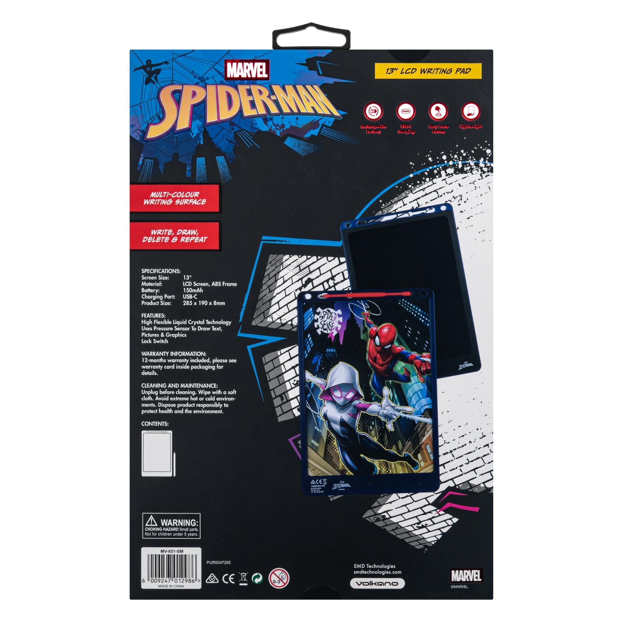 Volkano Spider-Man 13-inch LCD writing pad retail box back with icons and specs