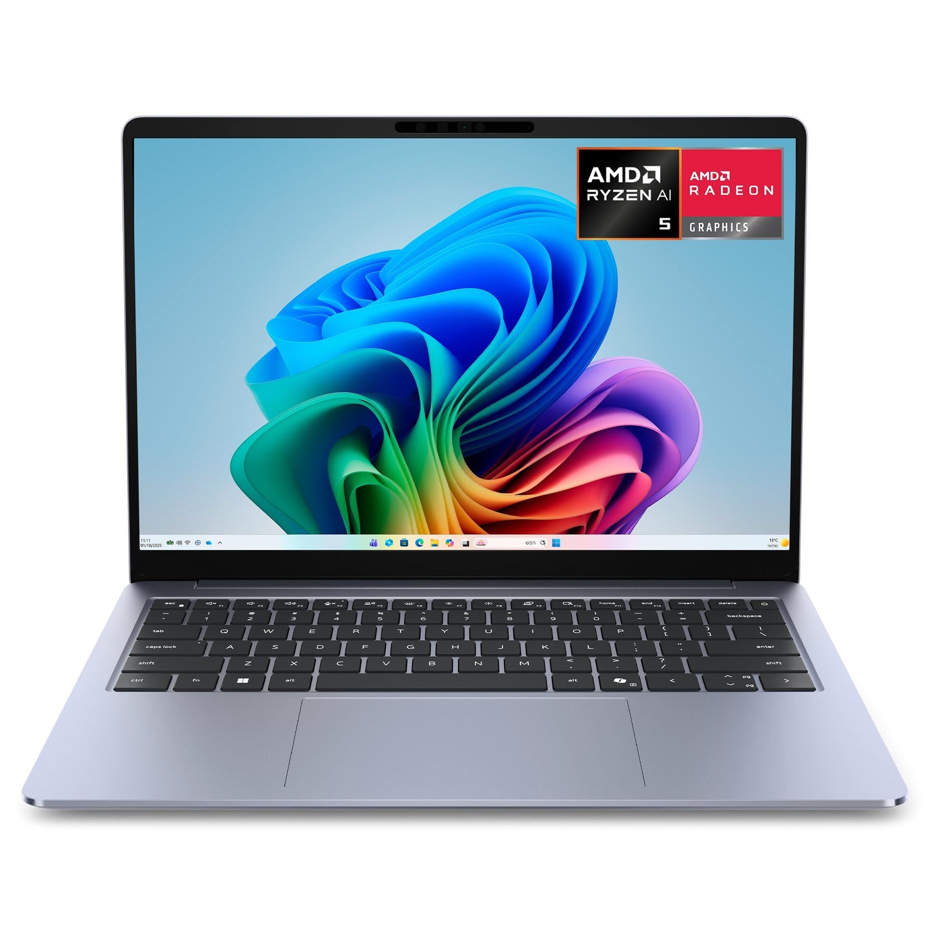 14-inch Dell laptop with silver chassis and black keyboard, showing colorful desktop screen