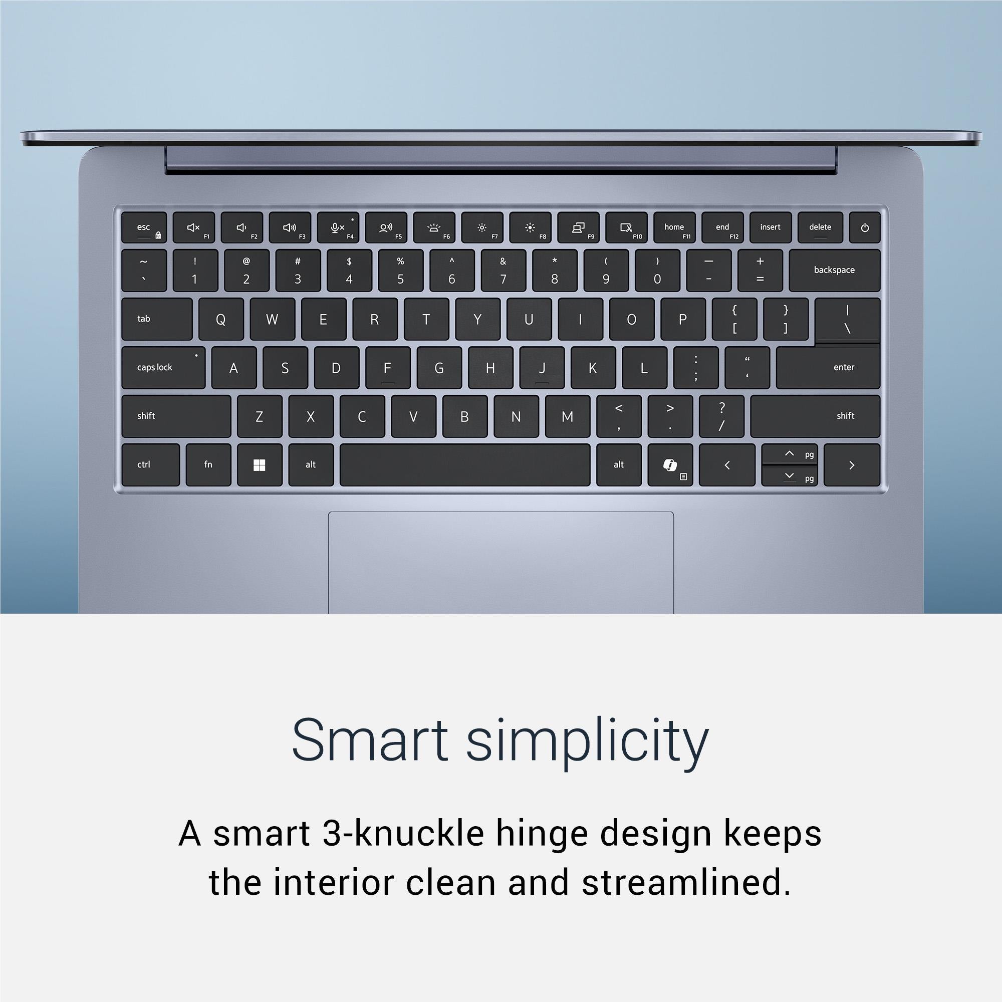 Laptop open view with full-size keyboard and touchpad centered under the keybed