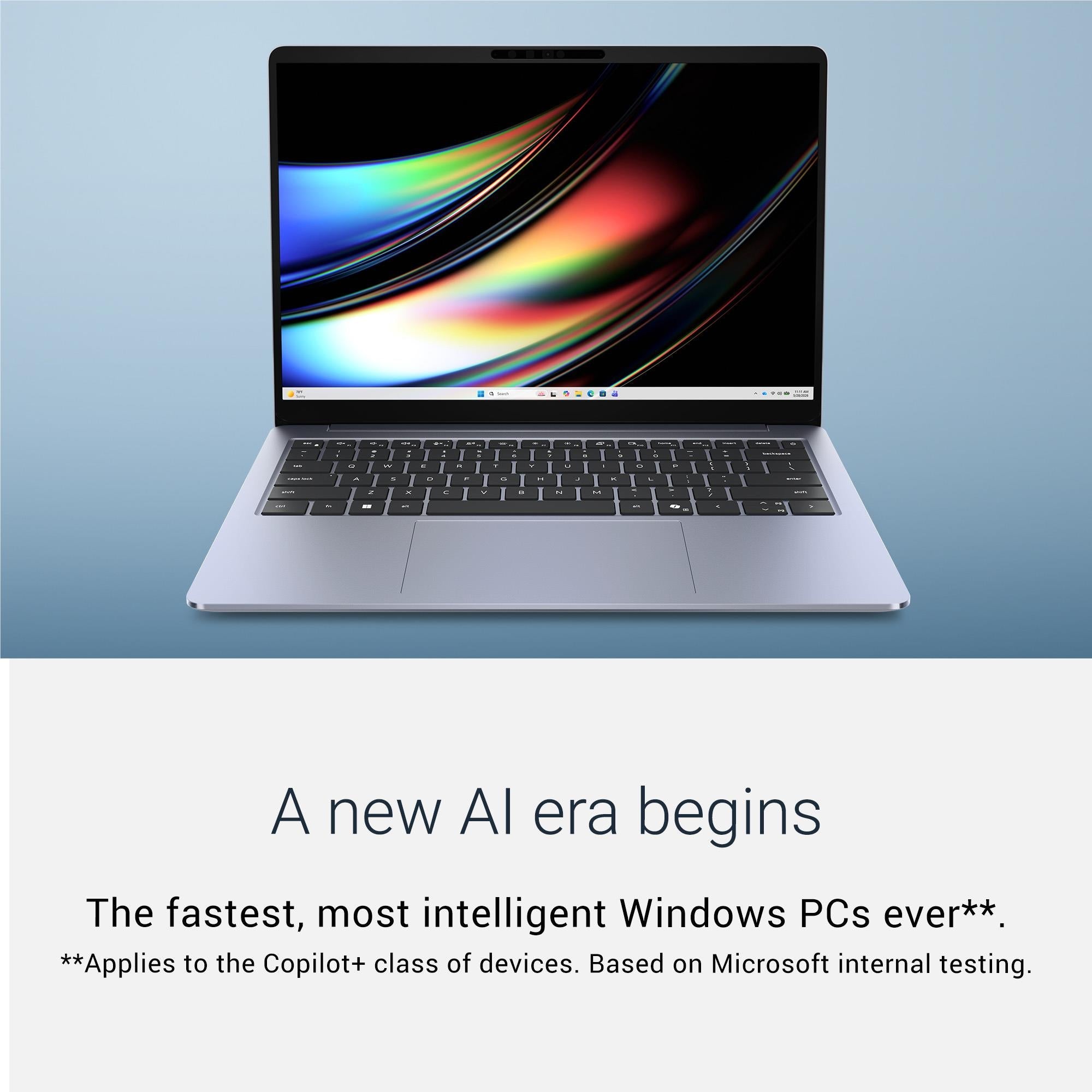 Laptop front view with black display and silver keyboard base, screen showing colorful waves