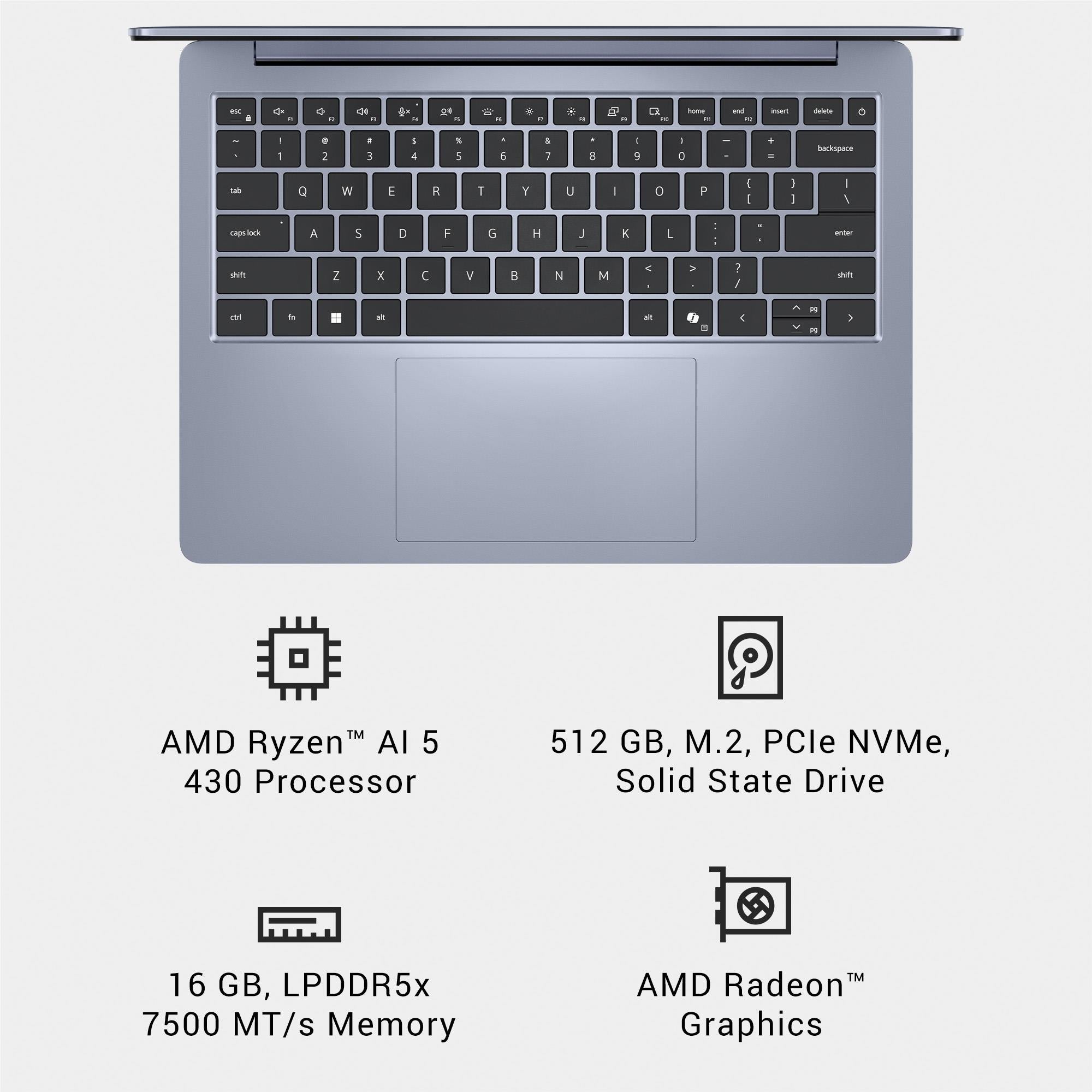 Laptop keyboard top-down view with touchpad and feature icons on the background