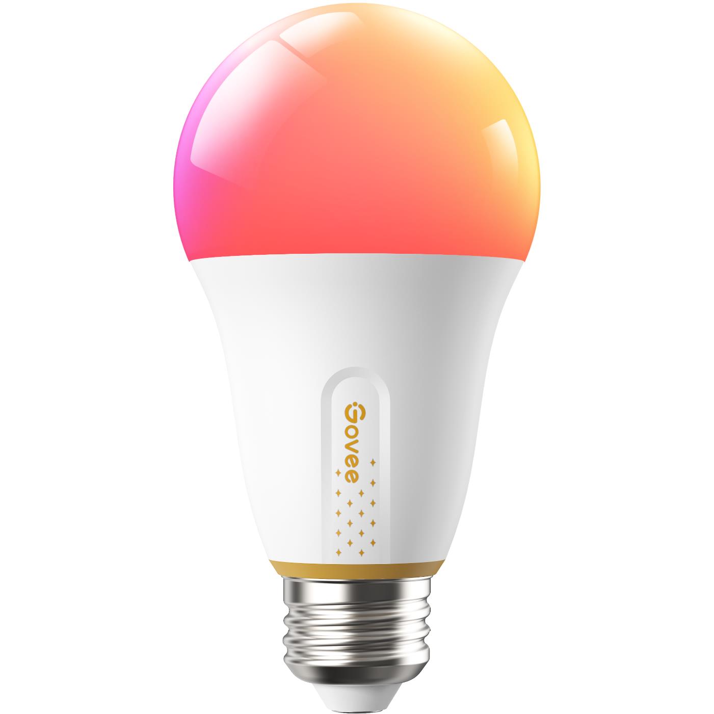 Smart colour E27 bulb with red-orange glowing top and white base, close-up.