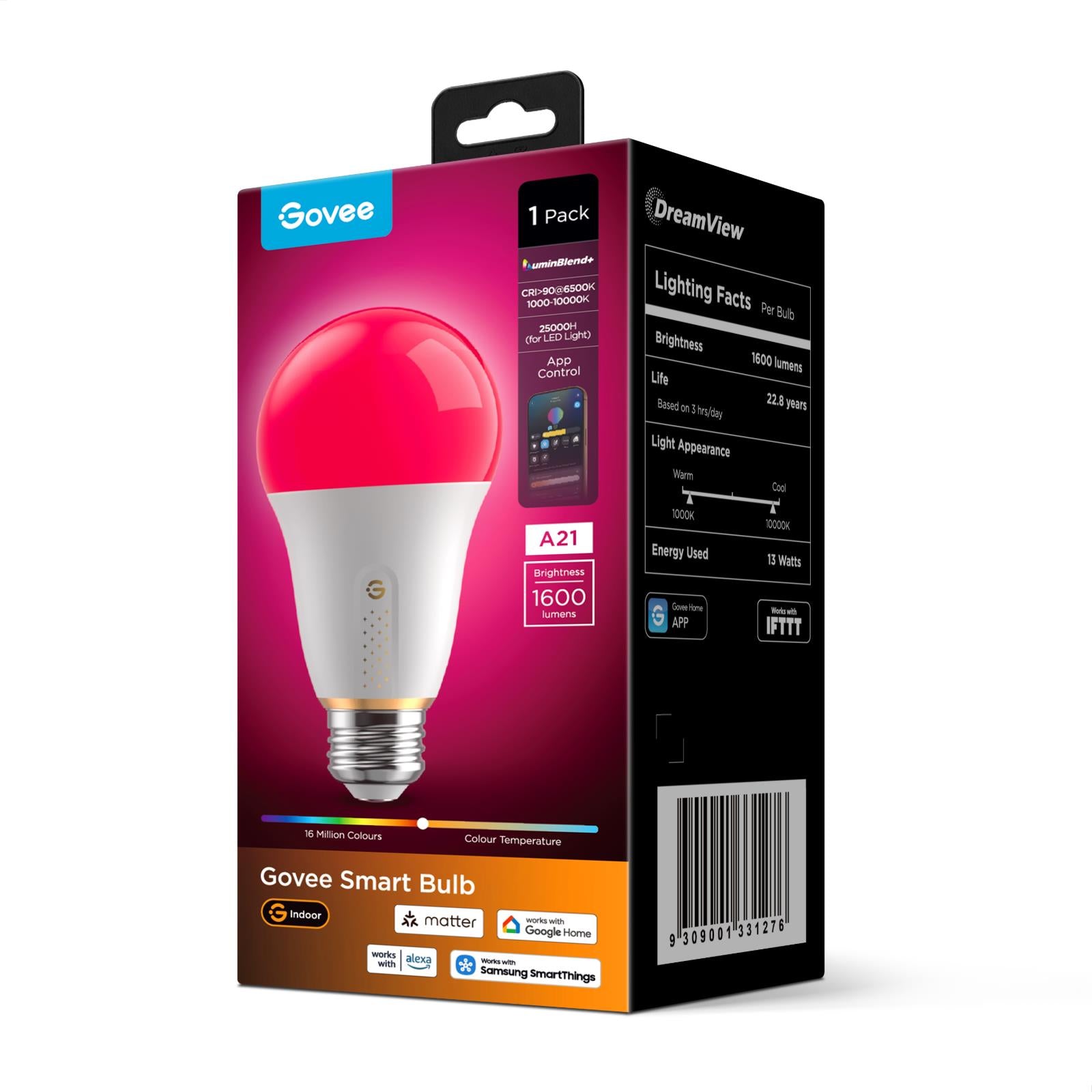 Smart colour A21 E27 bulb retail box with 1-pack blister and bulb illustration.