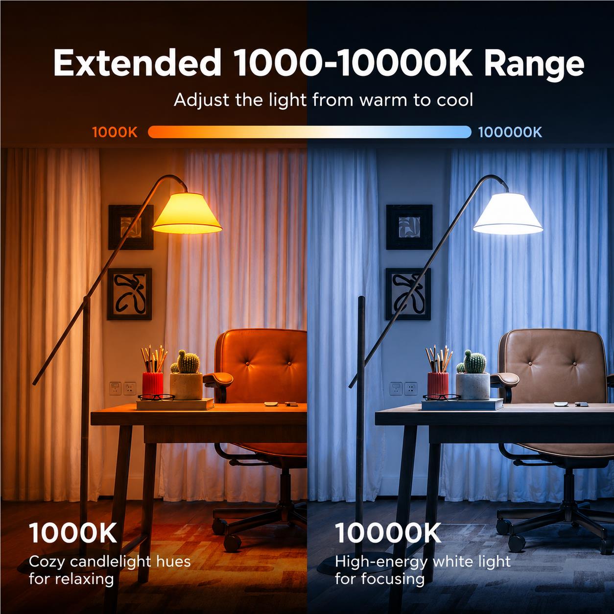 A21 smart LED bulb in warm and cool light tones inside table lamps