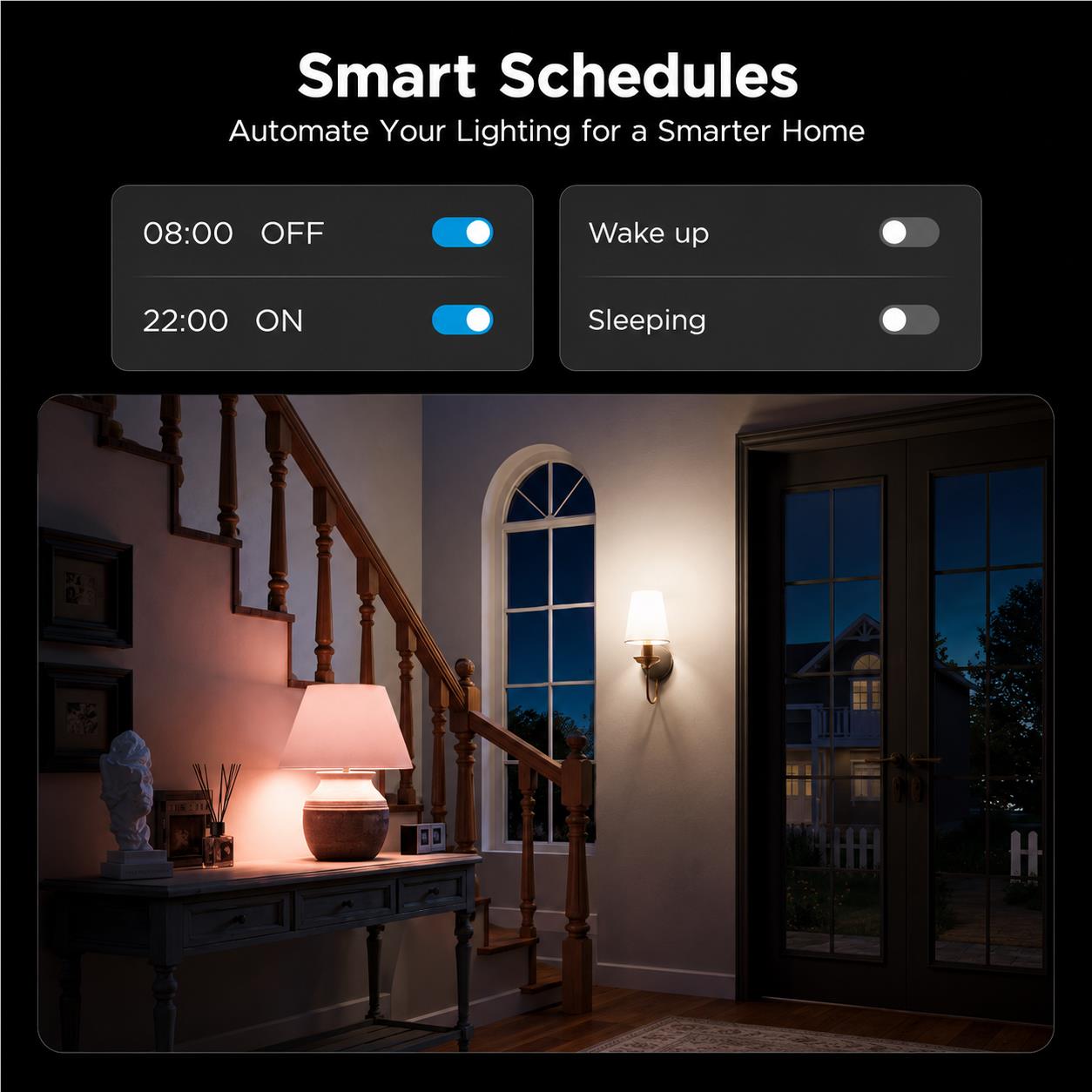 A21 smart LED bulb glowing in a bedside table lamp at night