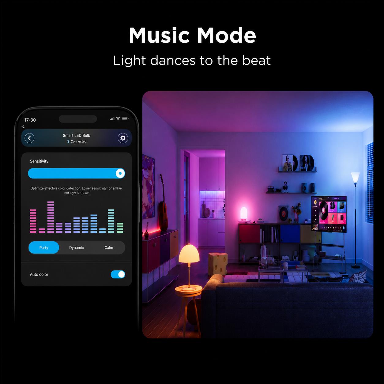 A21 smart LED bulbs creating dynamic colored lighting in a living room