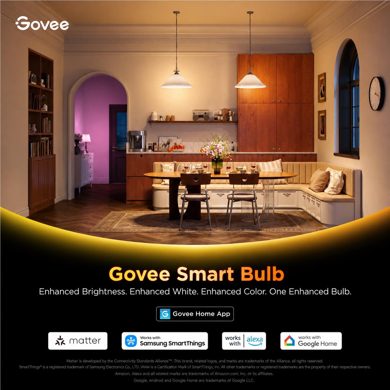 Smart colour bulb creating warm ambient lighting in a room setting.
