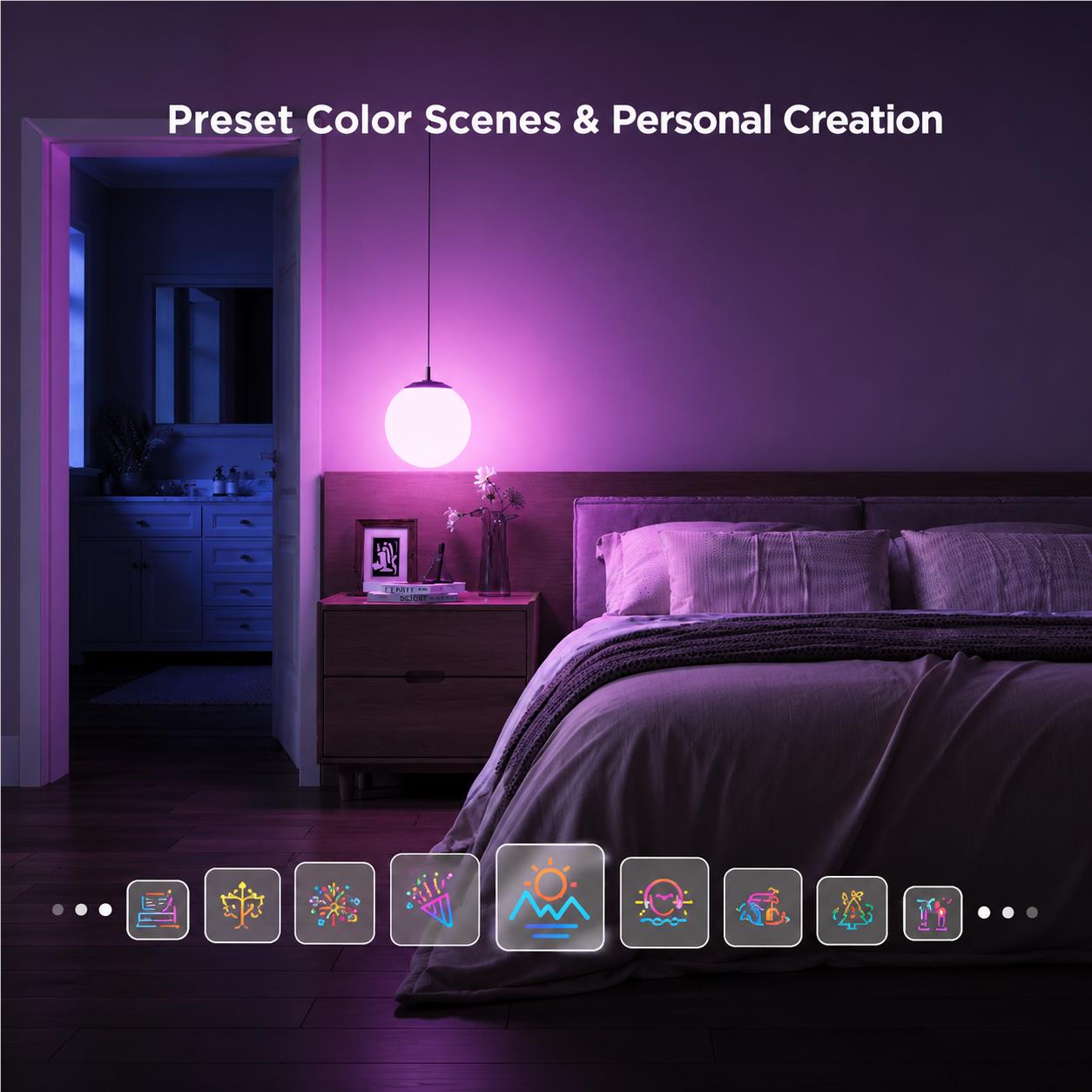 Smart colour bulb casting purple and blue light through a hanging lamp.