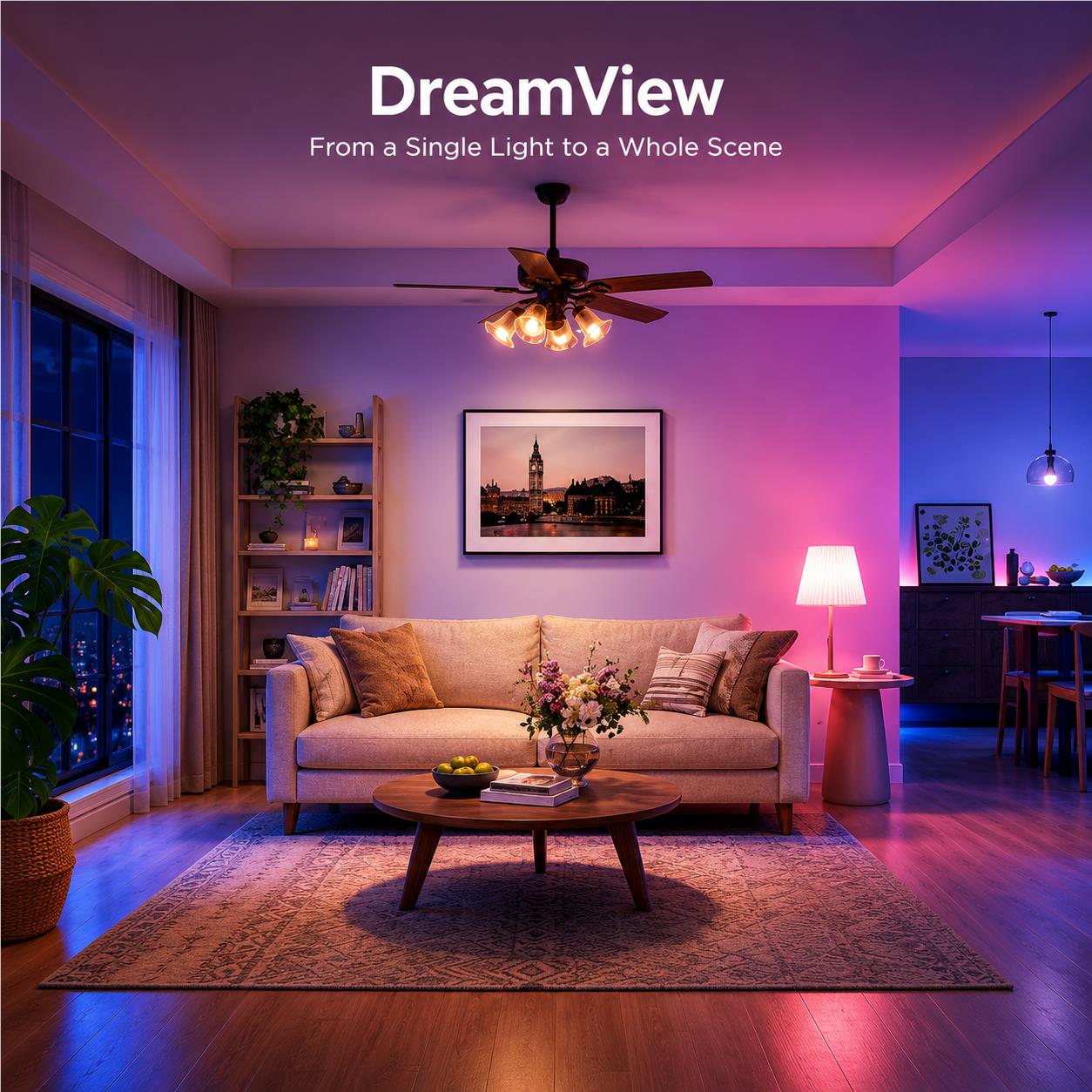 Smart colour bulb illuminating a living room with blue and pink light accents.