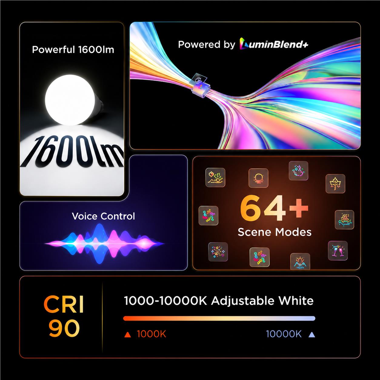 Smart colour bulb product box showing 1600lm brightness and light mode icons.