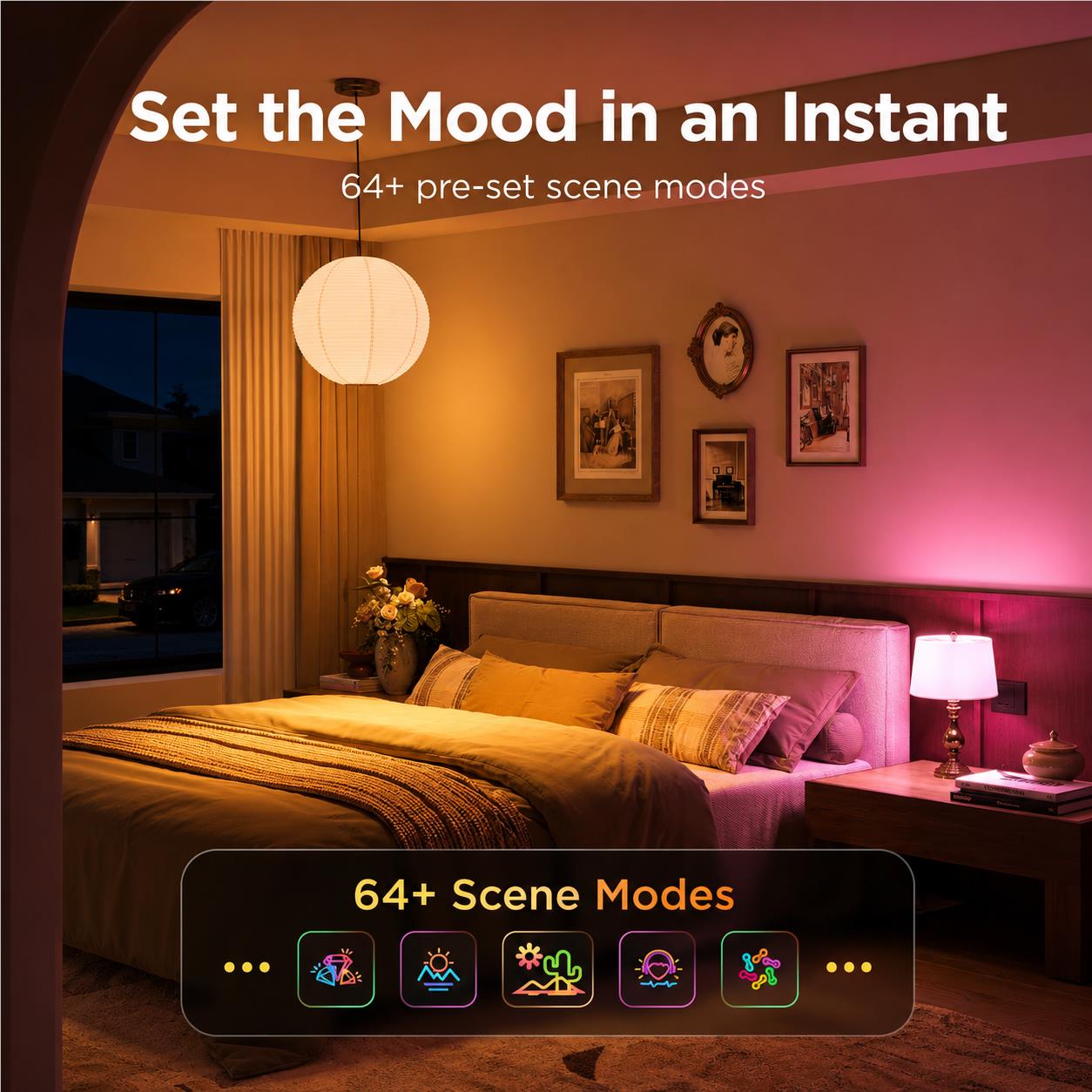 Smart colour bulb setting mood with warm and pink lighting beside a bed.