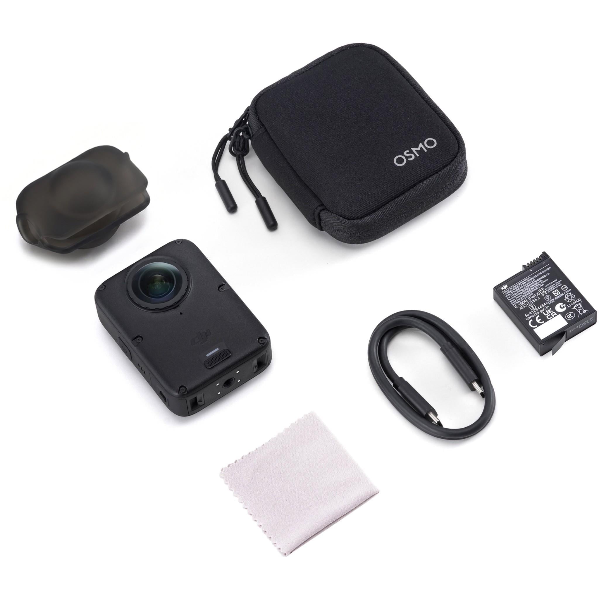360 action camera accessories: camera, carrying case, cable, battery, and cloth