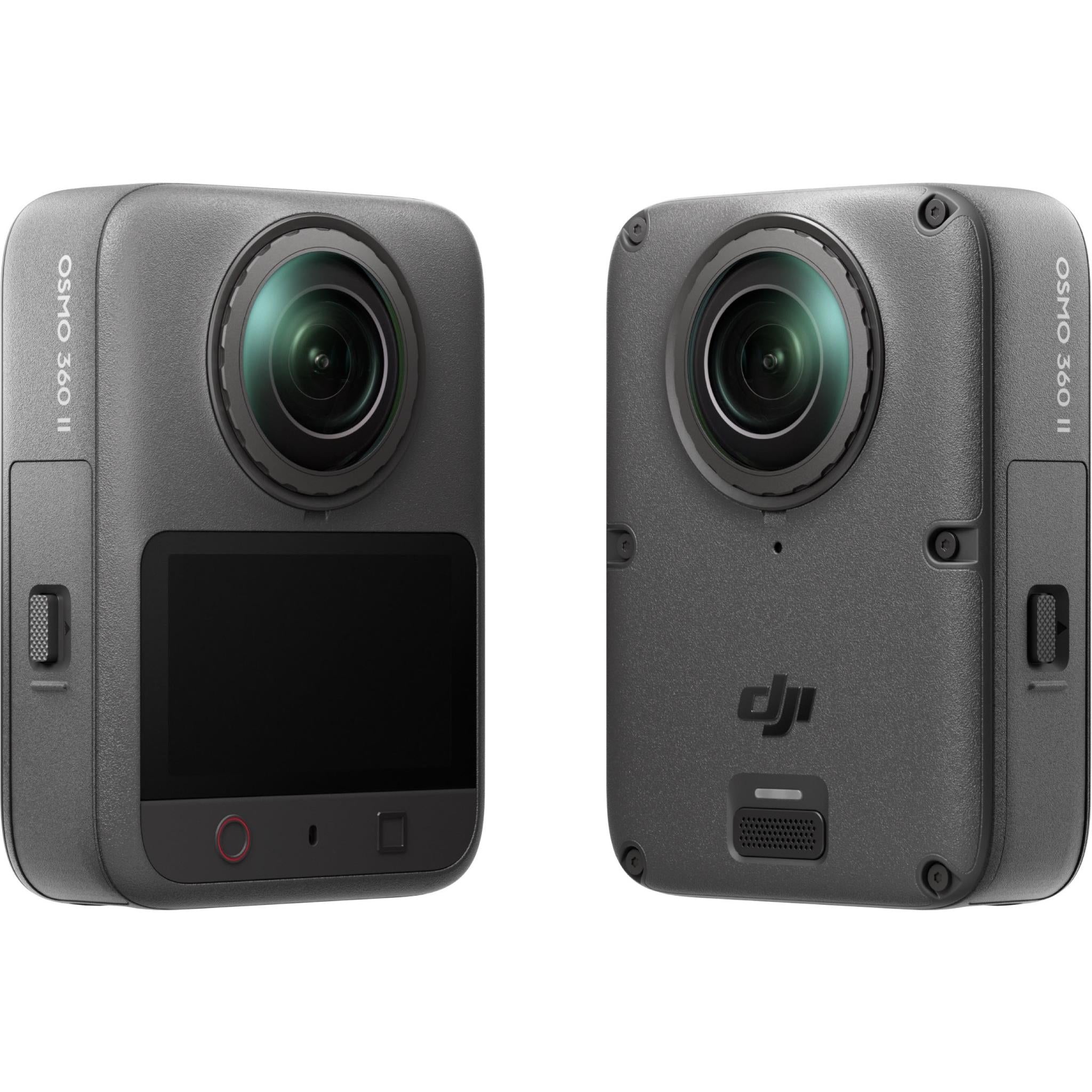 Gray 360 action camera shown from front and back angles
