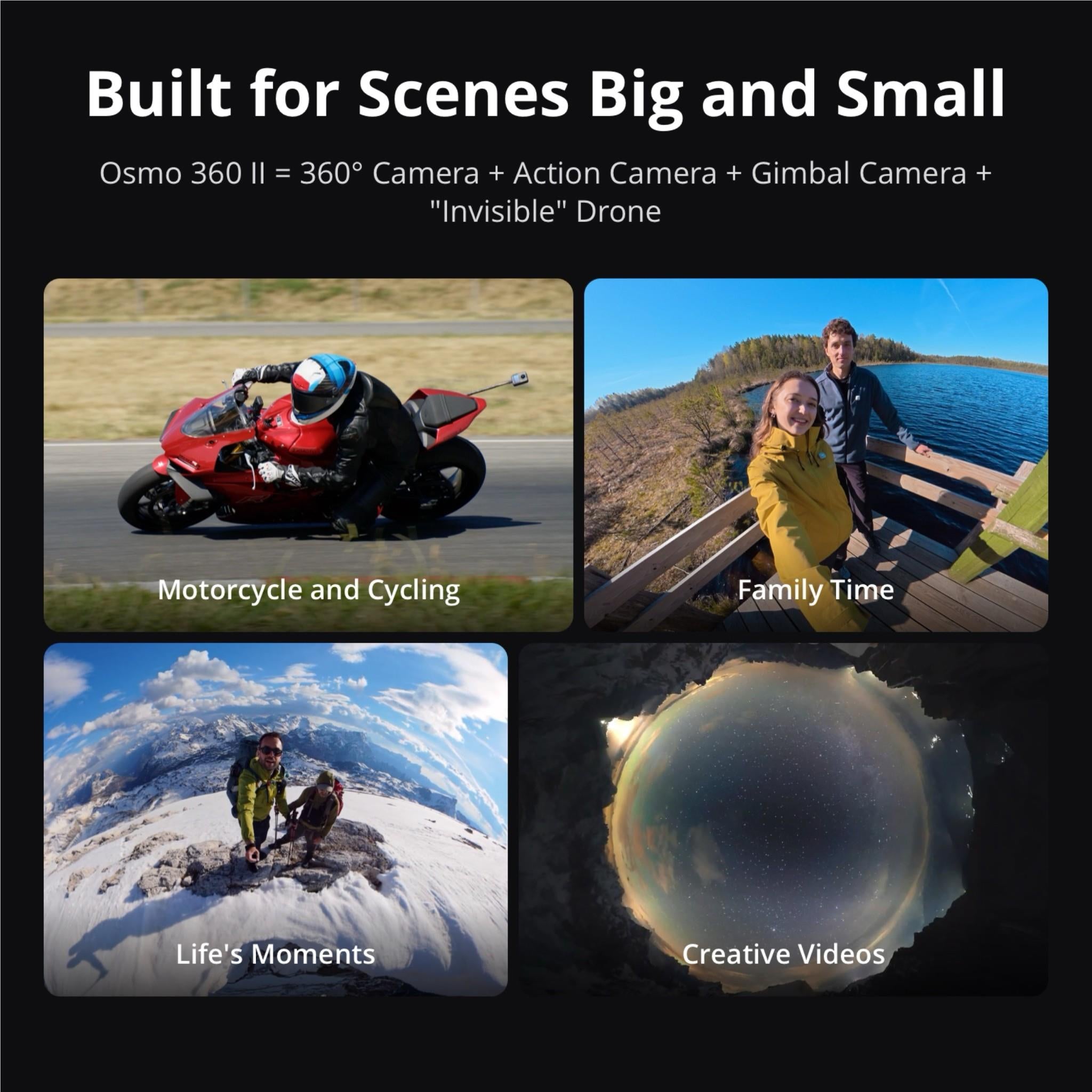 Promotional graphic for 360 action camera: Built for big and small scenes