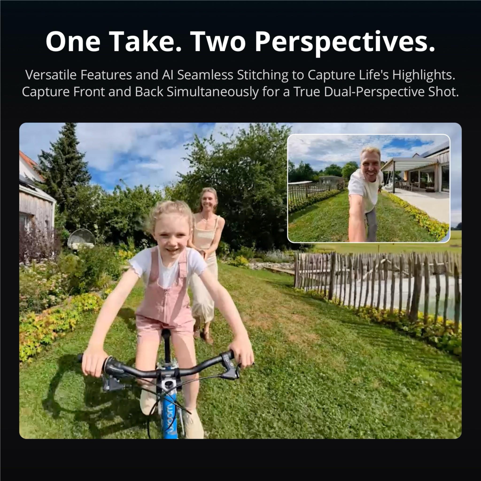 Promotional graphic for 360 action camera: One Take, two perspectives