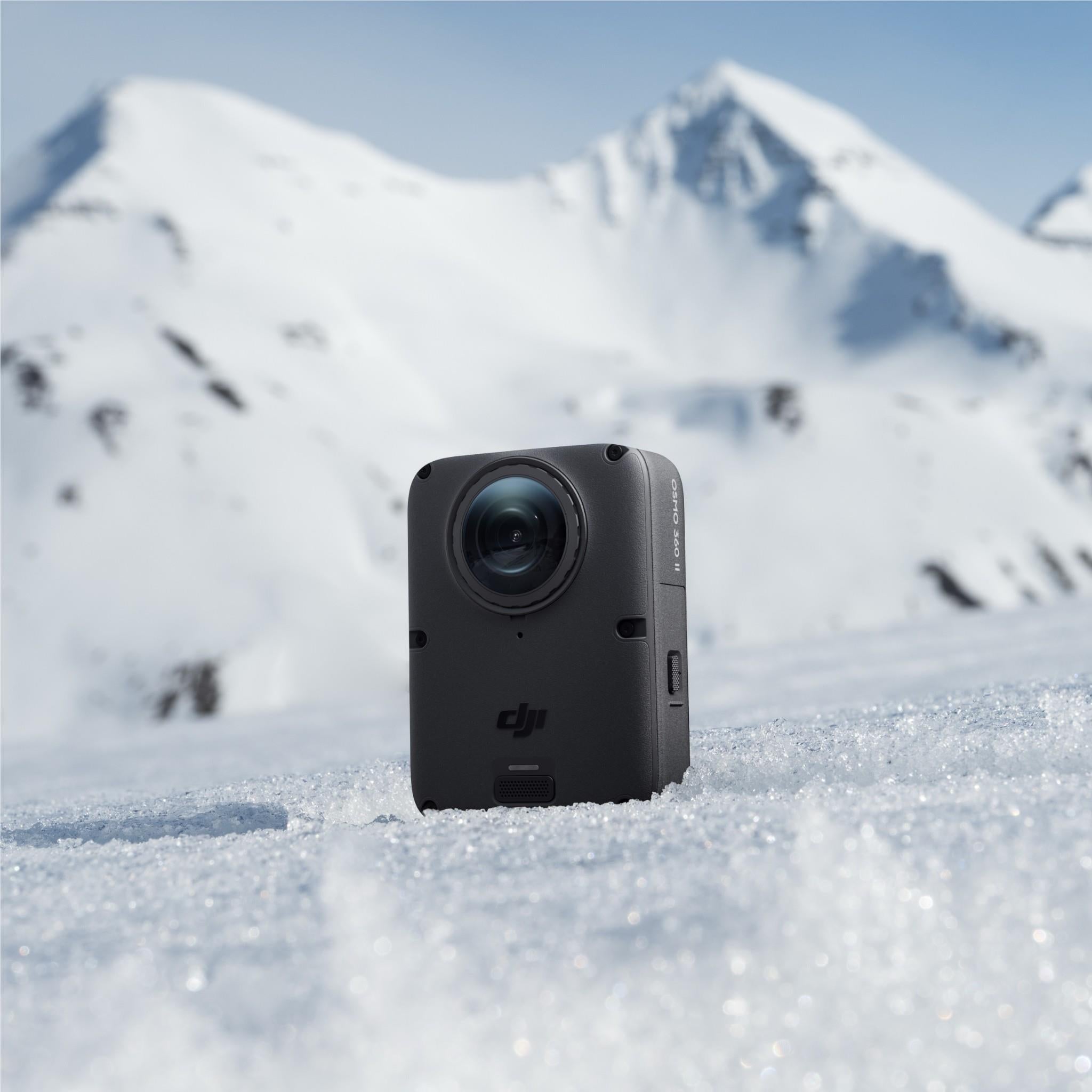 Black 360 action camera with front lens and DJI Osmo logo