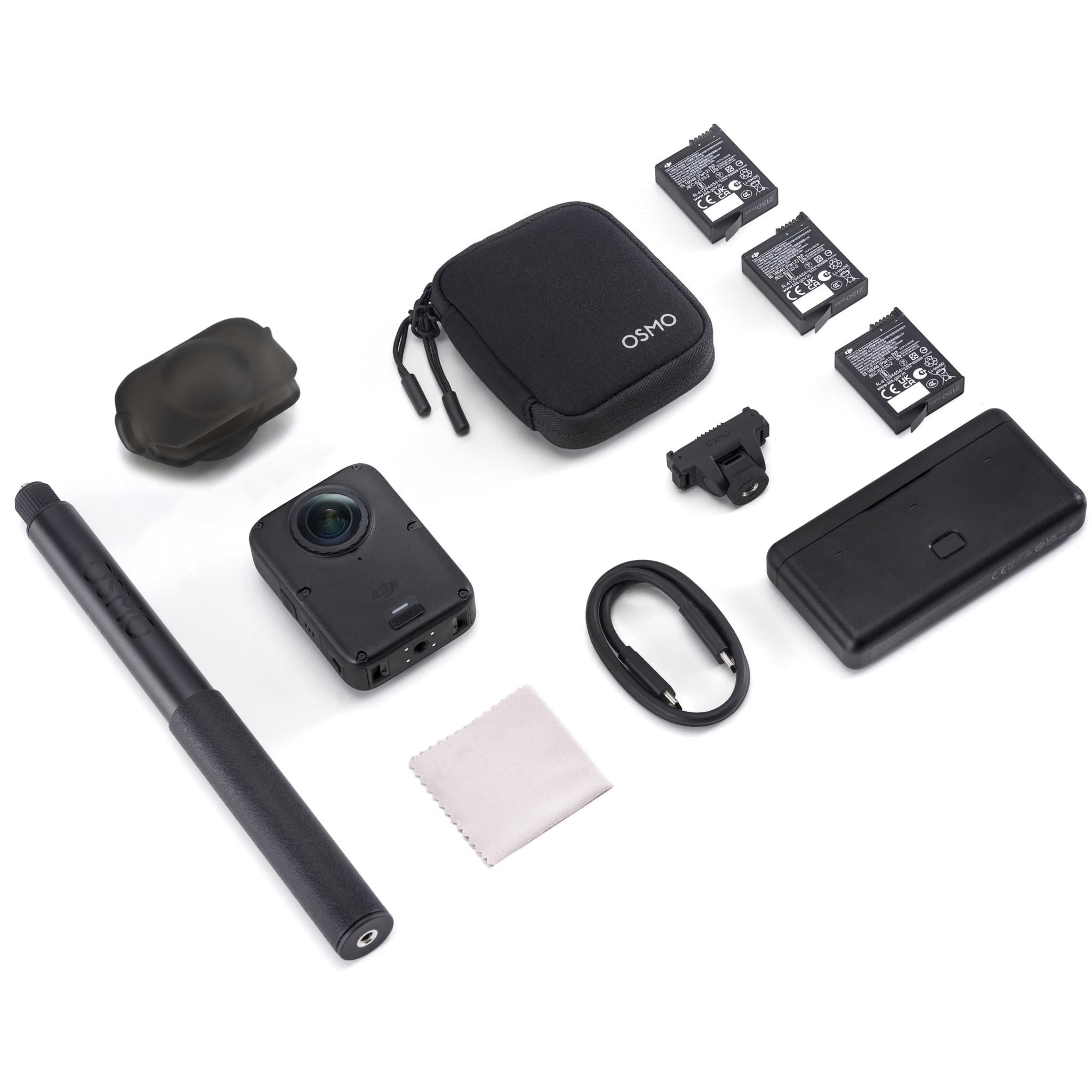 Action camera kit with protective case, batteries, mounts, and charging cable