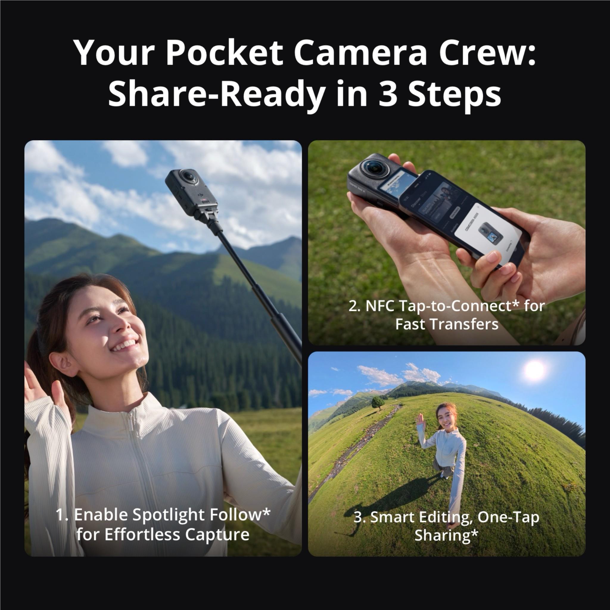 Handheld 360° action camera with a phone displaying a transfer screen