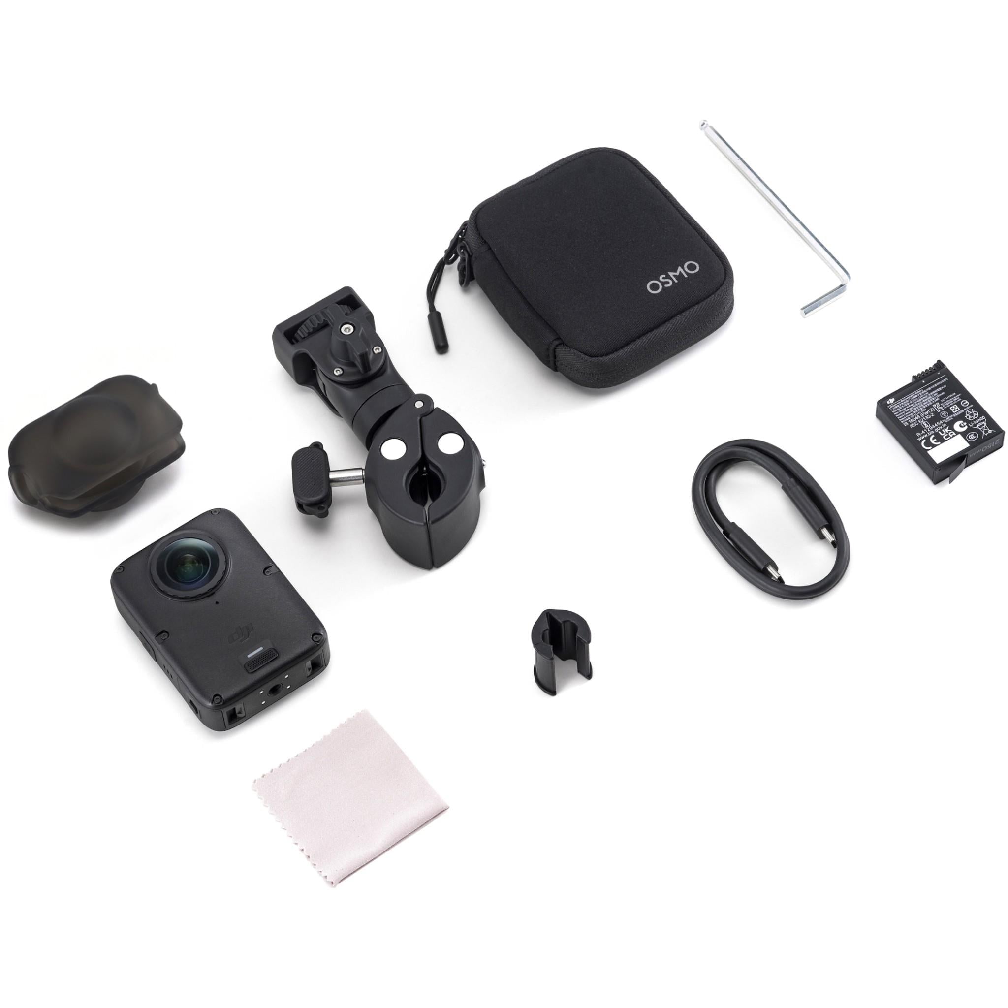 360 action camera accessories kit with camera, mount, case, cable, and small parts