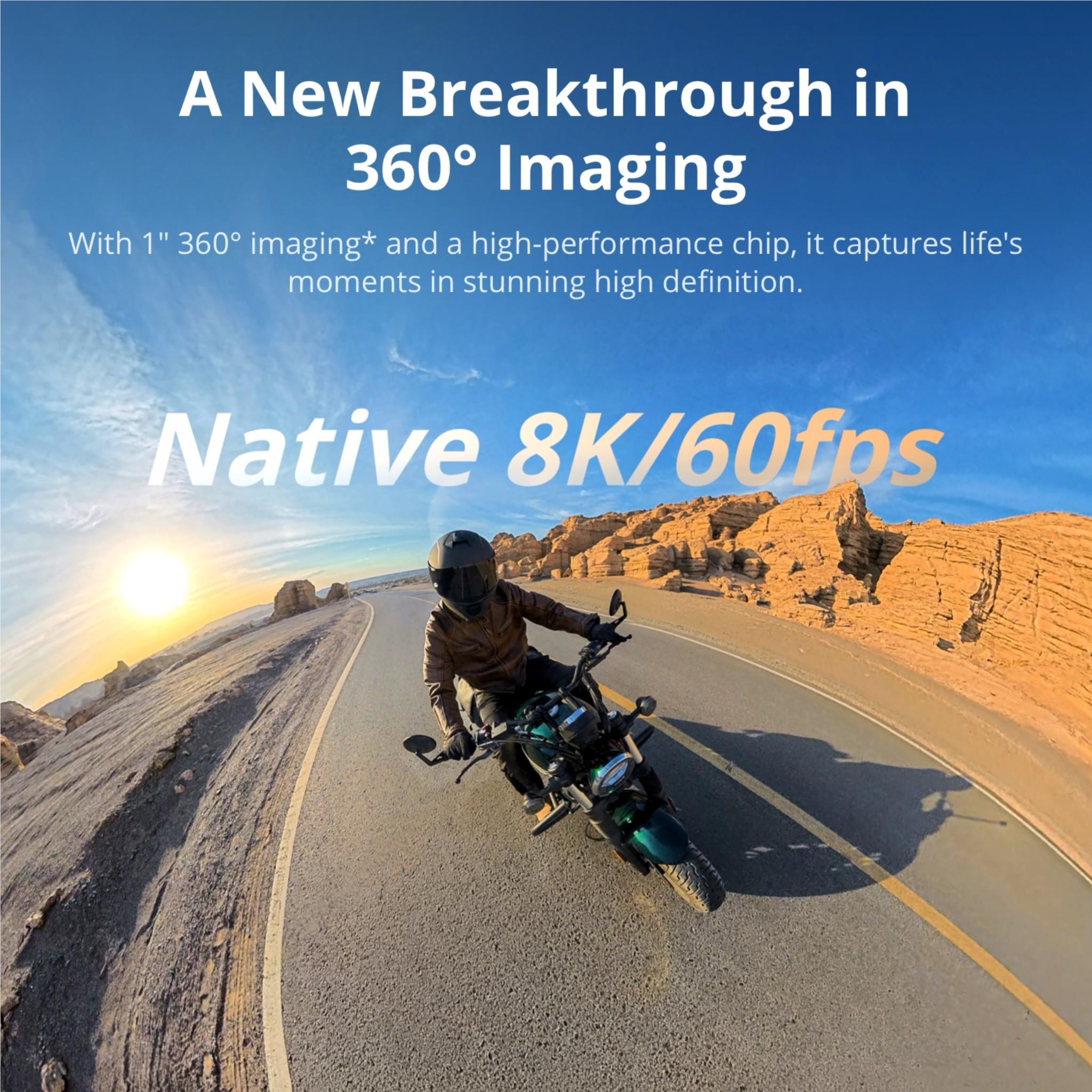 Promotional graphic featuring a rider on a motorcycle on a road for 360 imaging