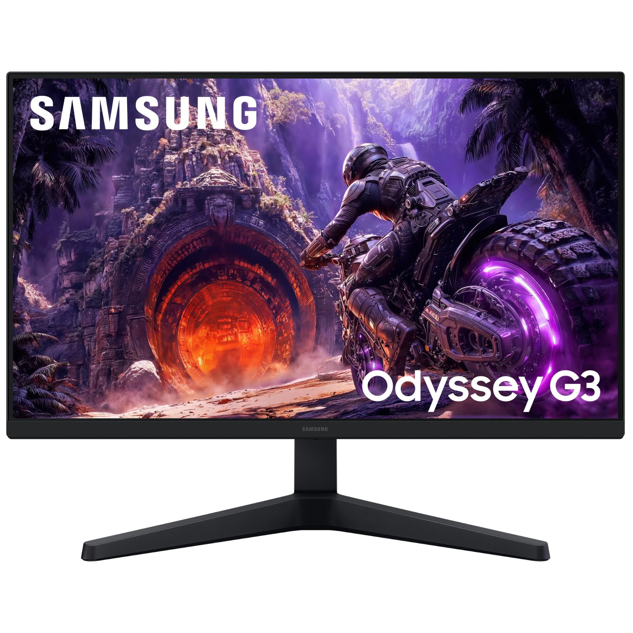 Samsung Odyssey G3 27" gaming monitor, black stand; screen shows purple sci-fi gameplay