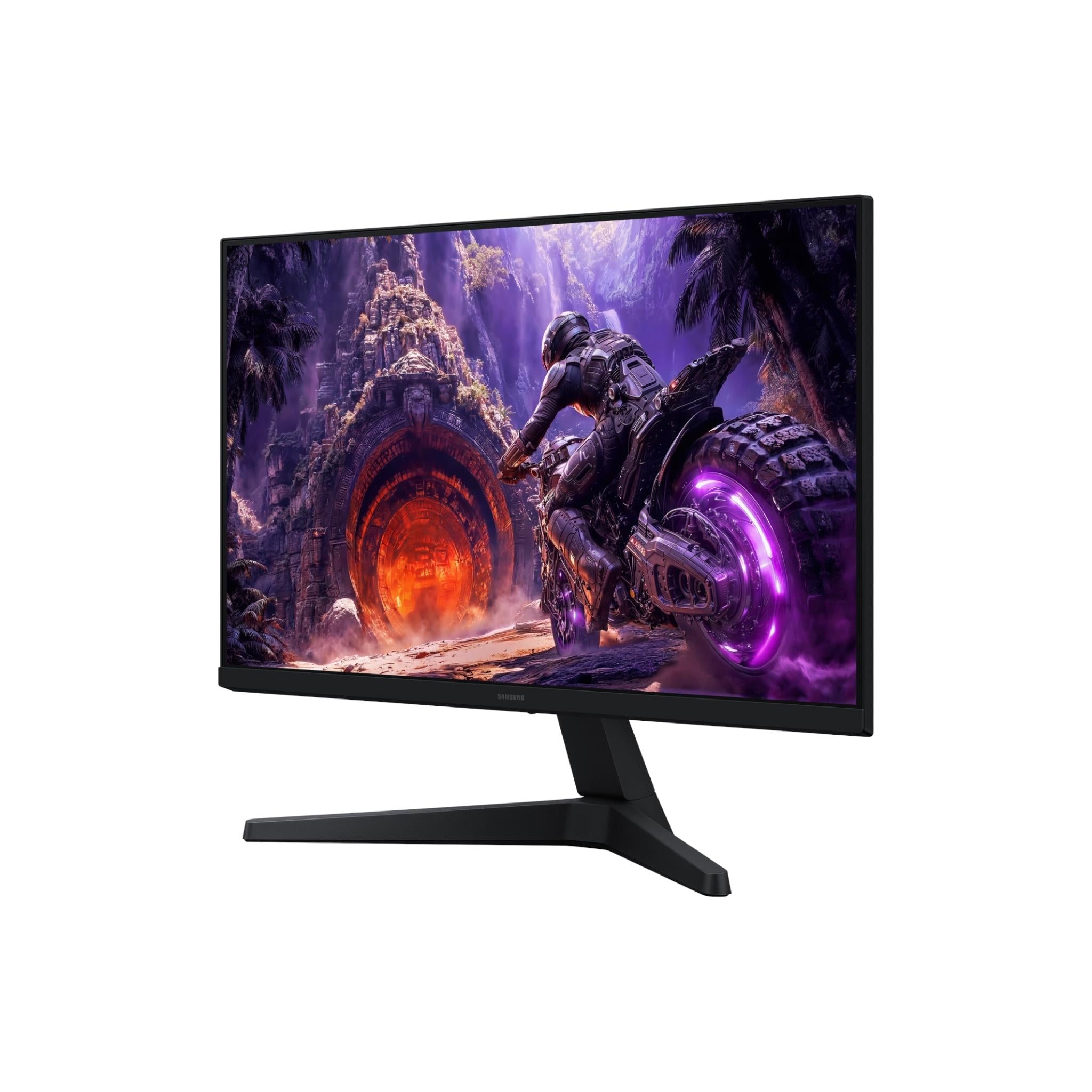 Samsung Odyssey G3 27" gaming monitor, side view with black stand; purple sci-fi display