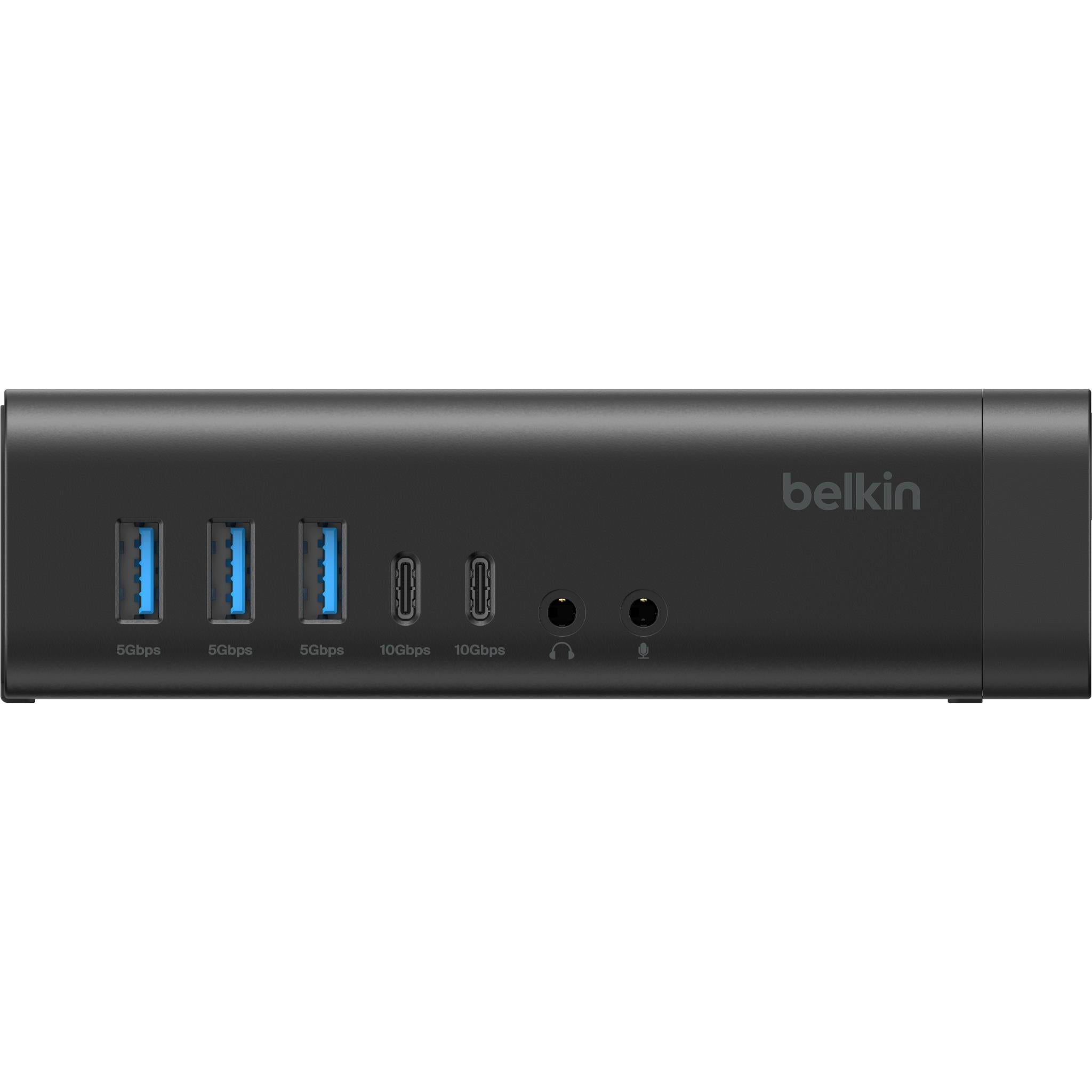 Belkin USB-C display dock rear ports: blue USB and audio jacks along one edge