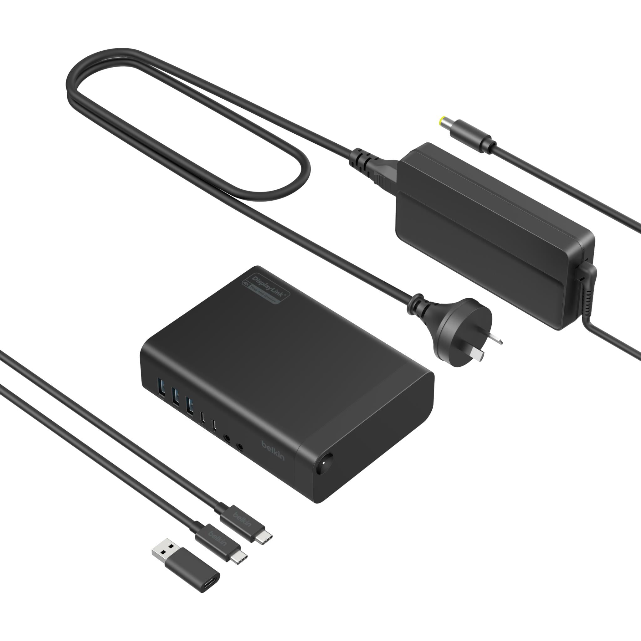 Belkin USB-C dock with power adapter and cables, all in dark gray