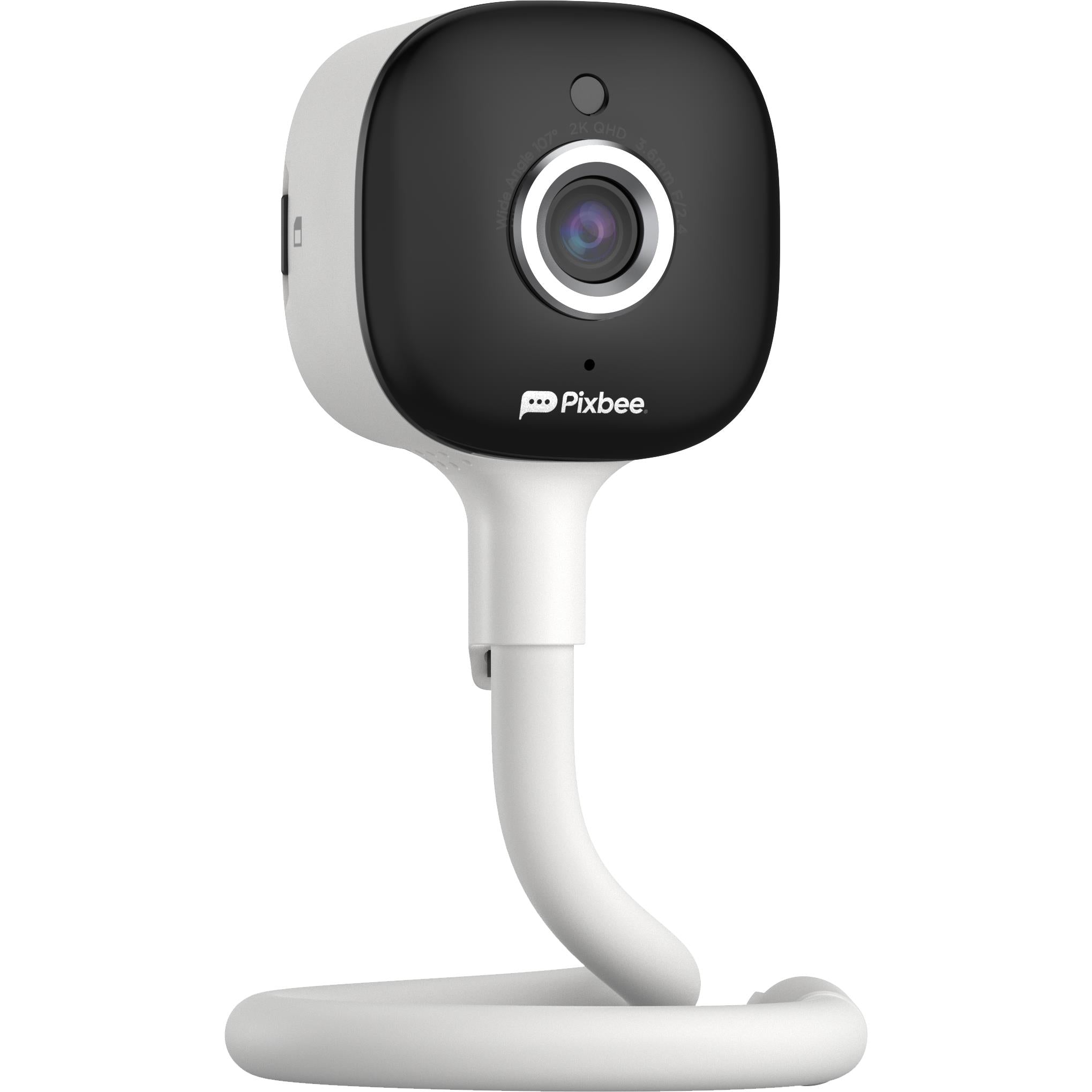 White portable baby monitor with black camera housing and wide lens on desk stand