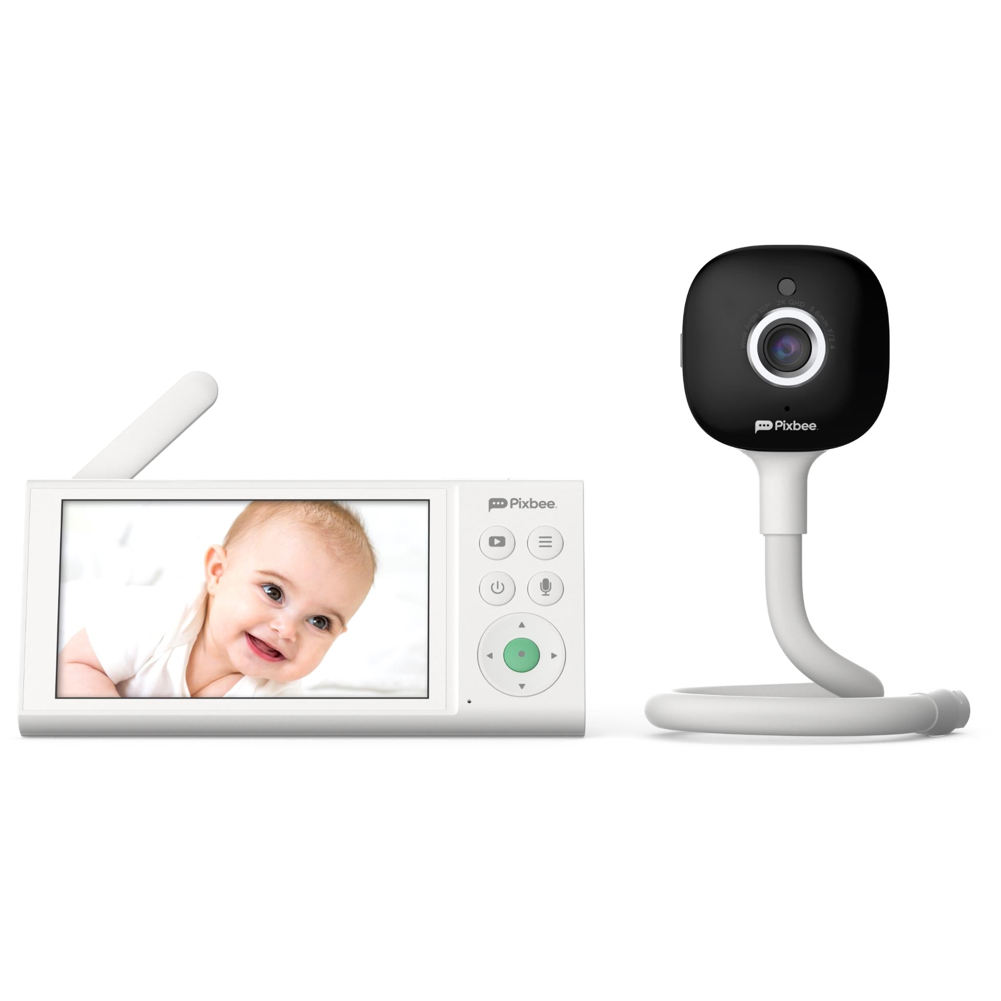 Portable baby monitor with black camera unit and white standing base