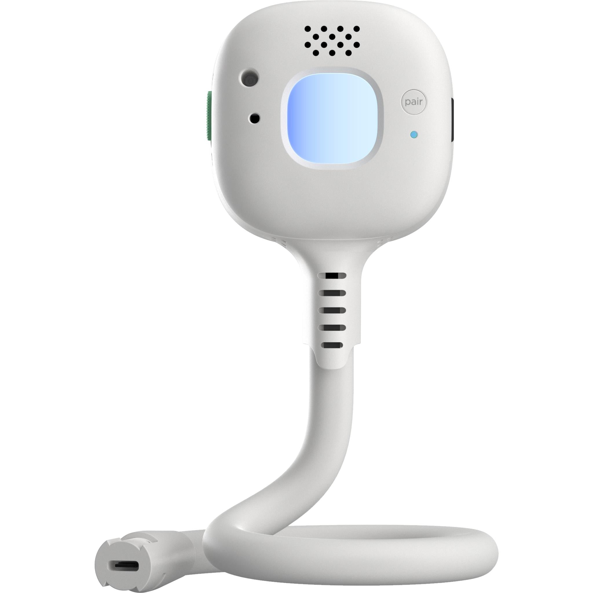 White portable baby monitor camera on curved stand with pairing indicator