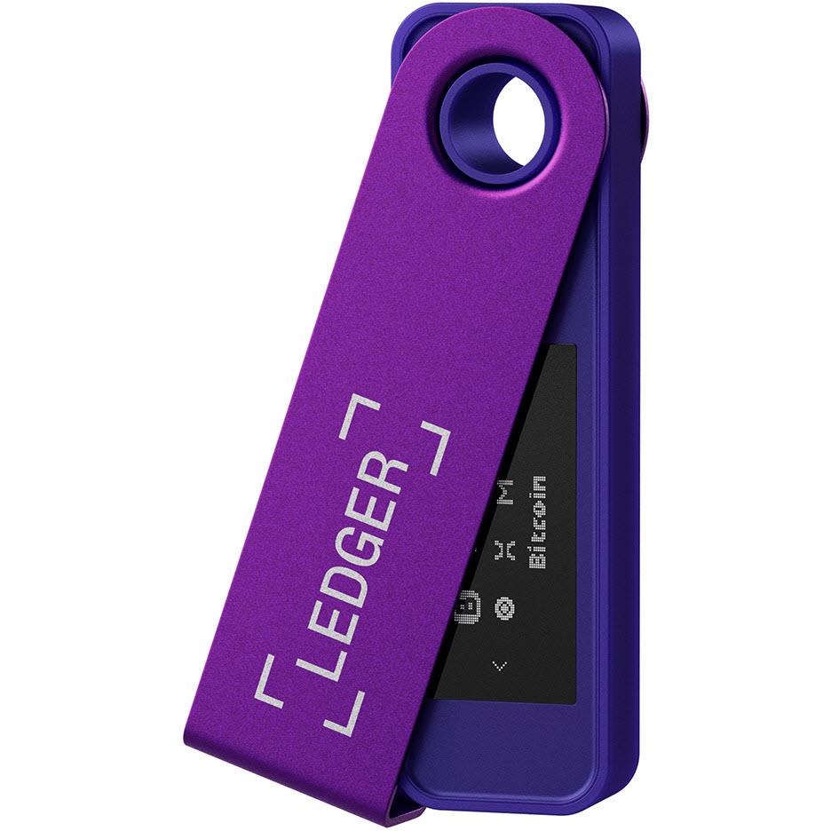 Amethyst purple Ledger Nano S Plus wallet angled with lanyard ring