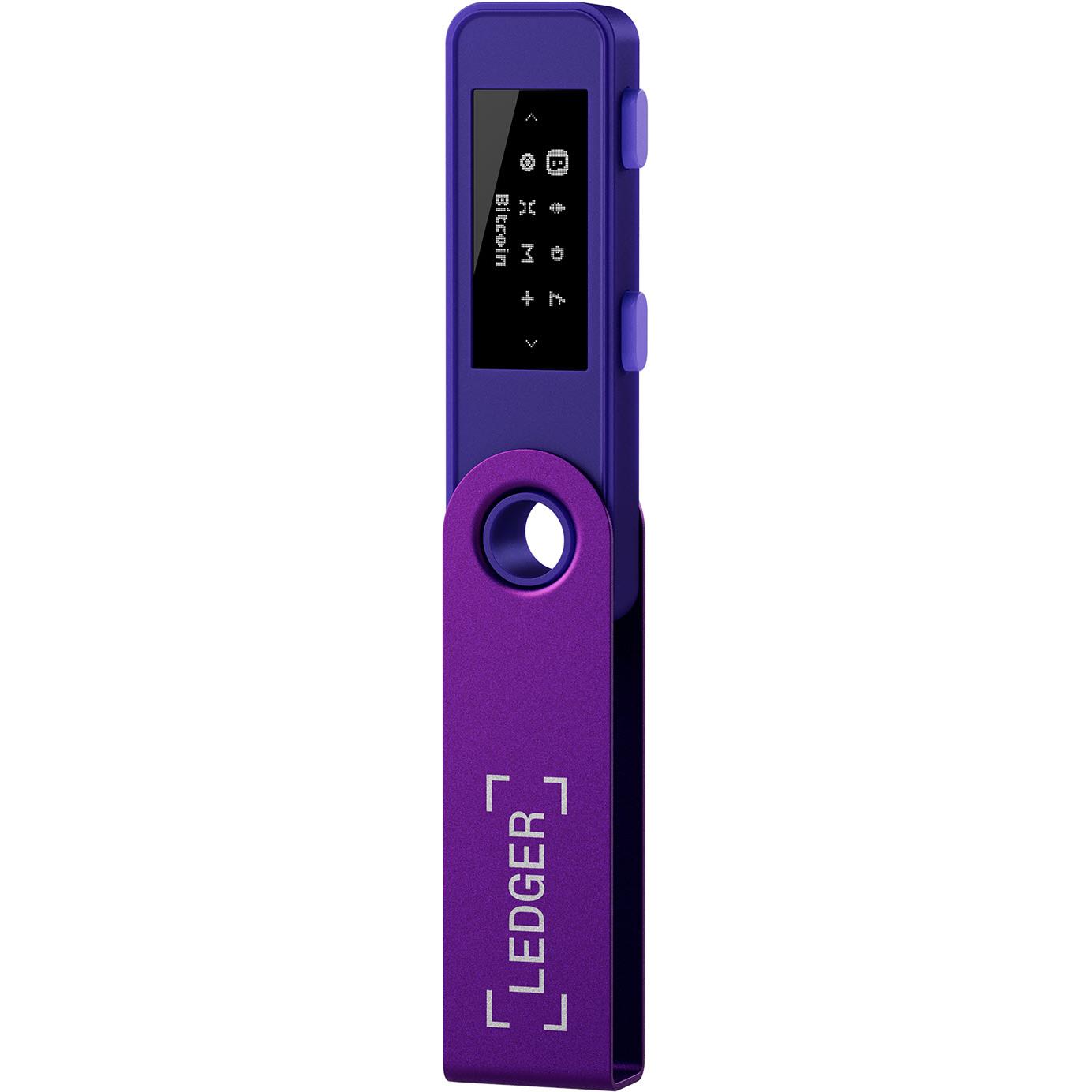 Amethyst purple Ledger Nano S Plus side view with display and control buttons