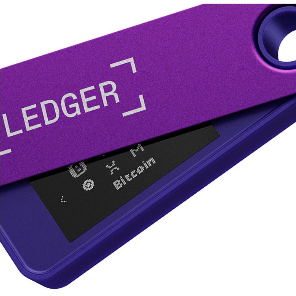 Amethyst purple Ledger Nano S Plus close-up of logo and built-in screen
