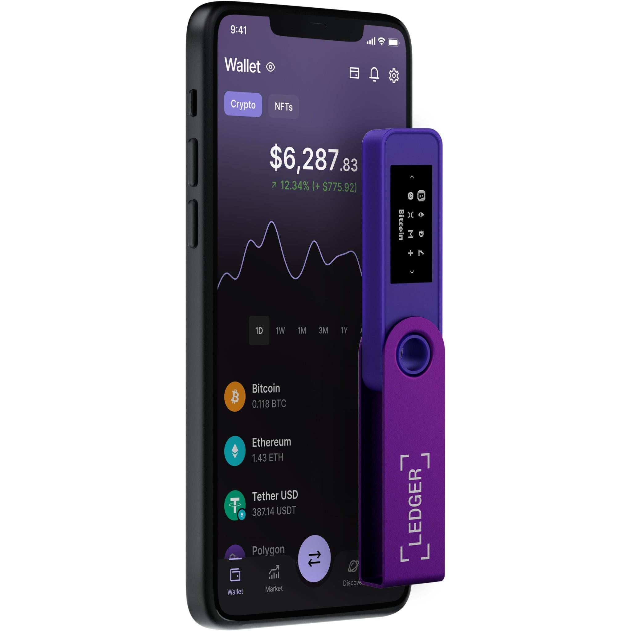 Amethyst purple Ledger Nano S Plus wallet with screen and phone app display