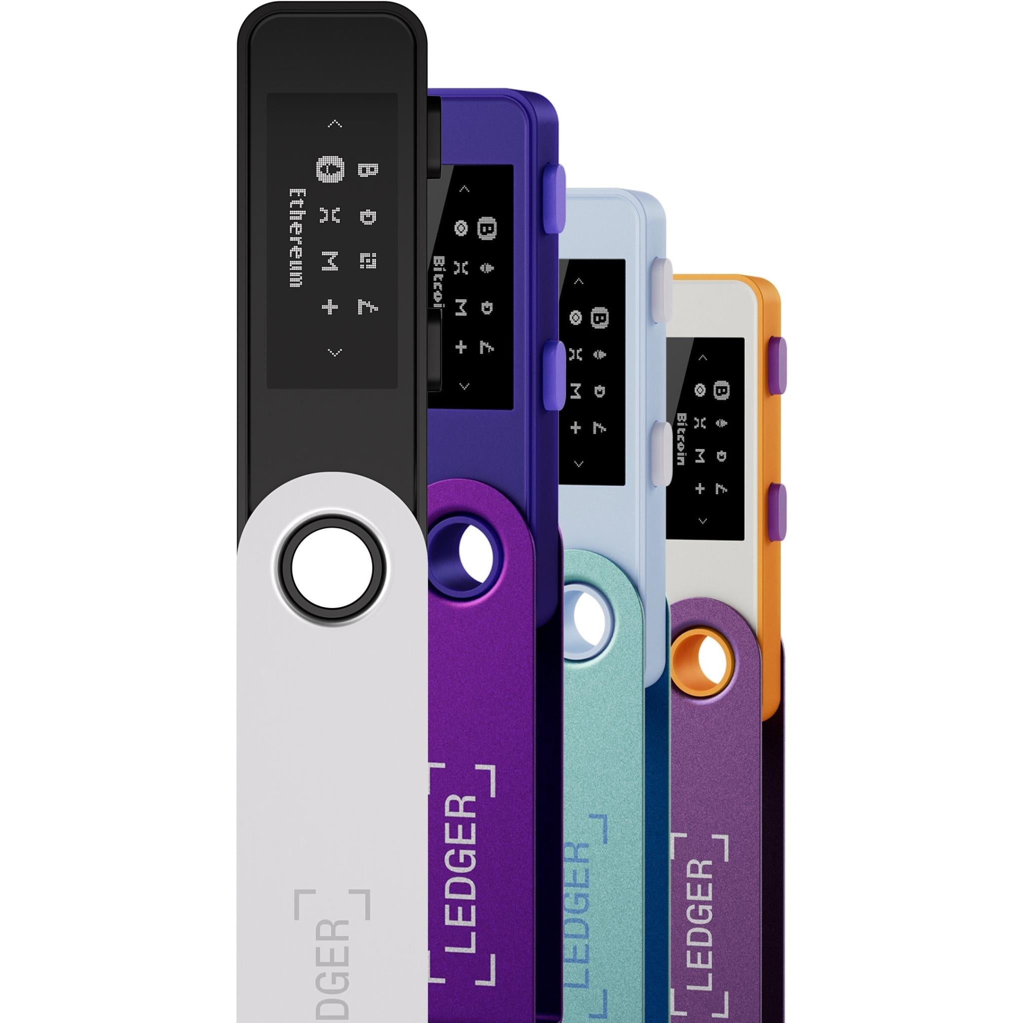Assorted Ledger crypto wallets in purple, blue, gray, and orange with screens