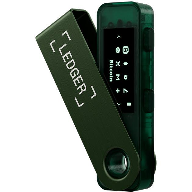 Emerald green hardware wallet with OLED screen and circular button detail