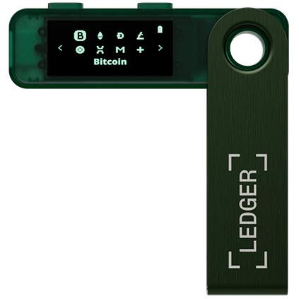 Emerald green hardware wallet with OLED screen and loop strap attachment