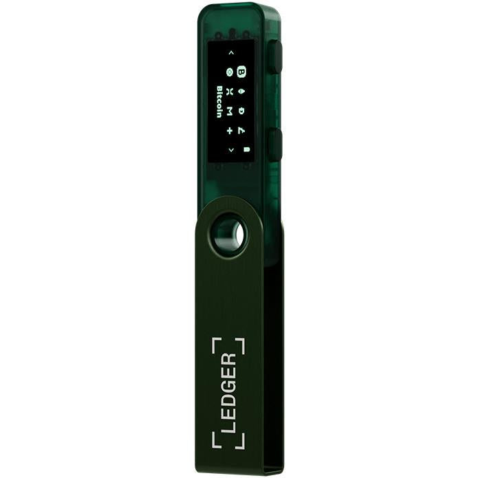 Emerald green hardware wallet with OLED screen and round home button