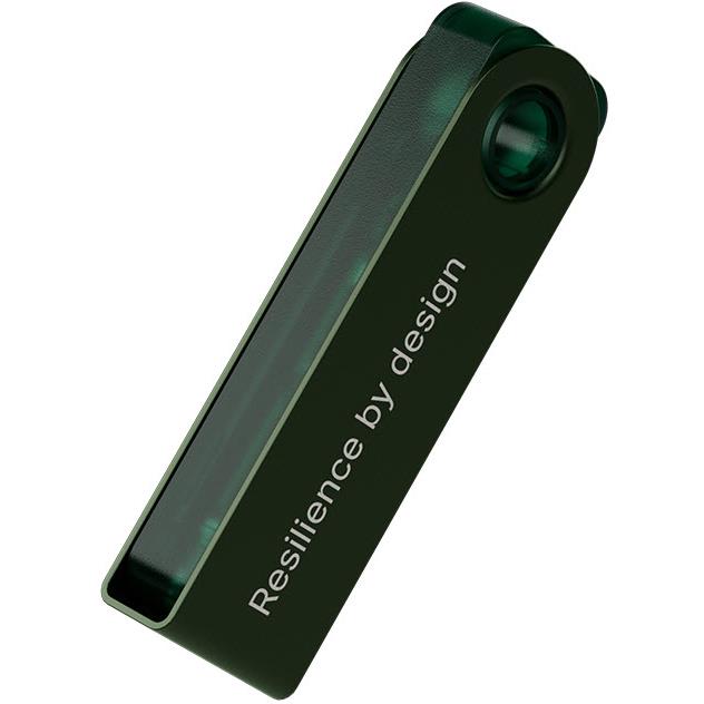 Emerald green hardware wallet with “Resilience by design” text on back