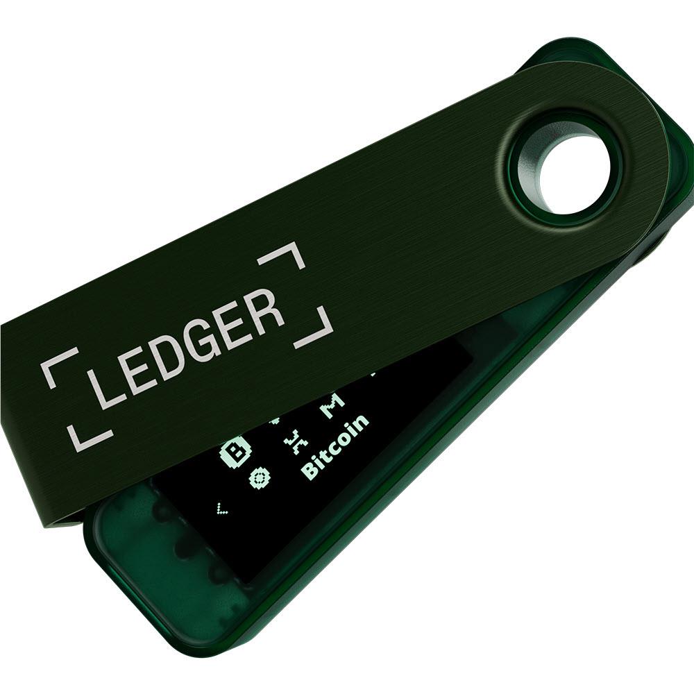 Emerald green hardware wallet showing “Bitcoin” on OLED screen