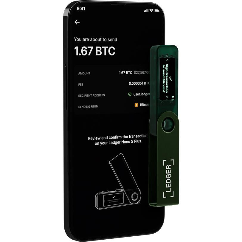 Emerald green hardware wallet connected to phone screen for BTC send confirmation