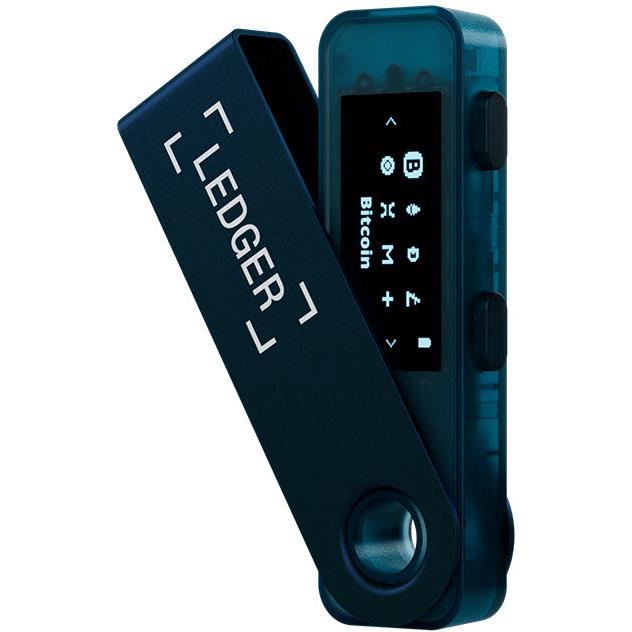 Sapphire blue hardware wallet with OLED display and side button