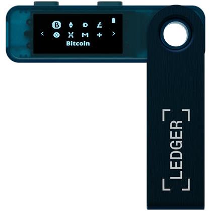 Sapphire blue hardware wallet with lanyard ring and OLED screen