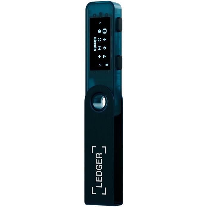 Sapphire blue hardware wallet with OLED screen and circular fingerprint button