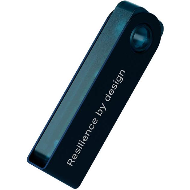 Sapphire blue hardware wallet back with 'Resilience by design' text