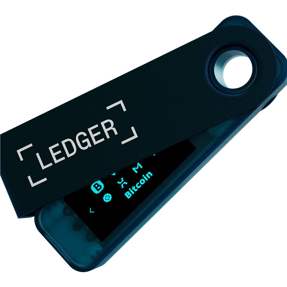 Sapphire blue hardware wallet with OLED icons and LEDGER branding